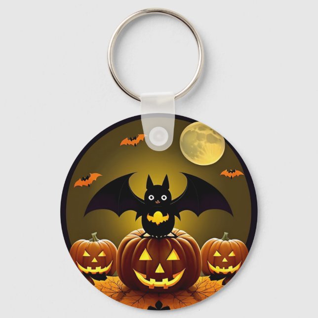 Cartoon Bat and Pumpkins Under Full Moon Key Ring (Front)