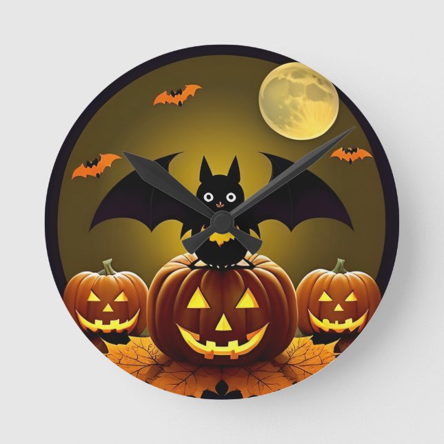 Cartoon Bat and Pumpkins Under Full Moon Round Clock (Front)