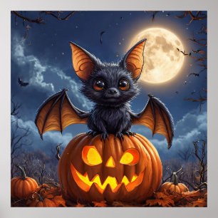 Cartoon Bat Pumpkins Full Moon Halloween Poster