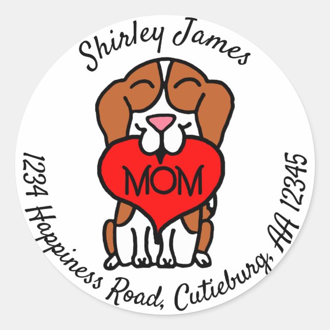 Cartoon Beagle Mum Personalised Address Classic Round Sticker (Front)