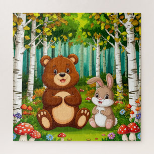 Cartoon Bear and Rabbit Sitting in a Lush Forest Jigsaw Puzzle