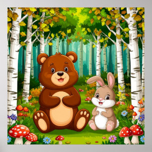Cartoon Bear and Rabbit Sitting in a Lush Forest Poster