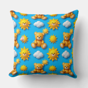 Cartoon bear, clouds, sun pattern cushion