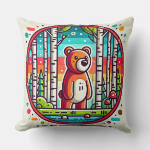 Cartoon Bear in a Colourful Forest Cushion