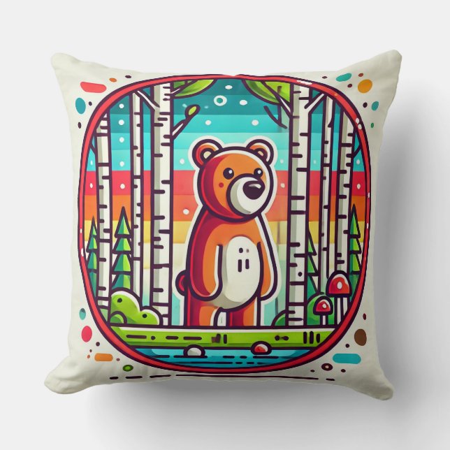 Cartoon Bear in a Colourful Forest Cushion (Front)