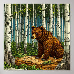 🐻 Cartoon Bear In Birch Forest Cute Woodland  Poster