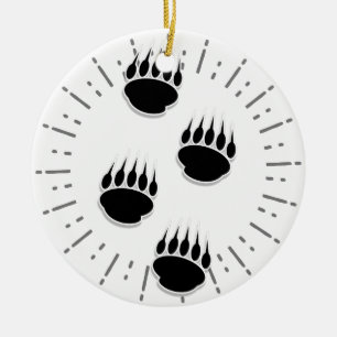 Cartoon Bear Paw Track With Vintage Sun Burst  Ceramic Ornament