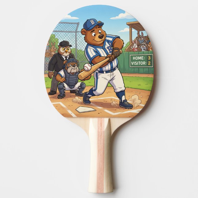 Cartoon Bear Playing Baseball Ping Pong Paddle (Front)
