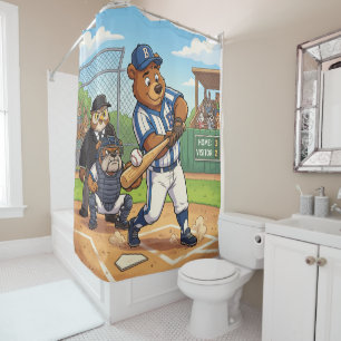 Cartoon Bear Playing Baseball Shower Curtain