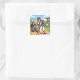 Cartoon Bear Playing Baseball Square Sticker