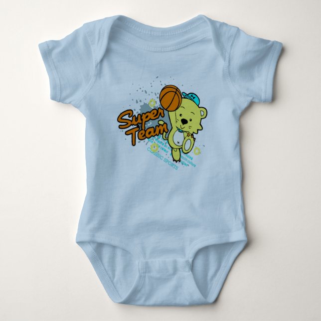Cartoon Bear Playing Basketball Baby Bodysuit (Front)