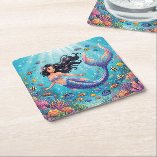 Cartoon Beautiful Mermaid under the Sea Square Paper Coaster