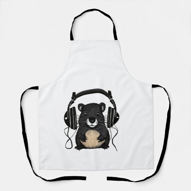Cartoon Beaver Silhouette with Headphones Vector  Apron (Front)
