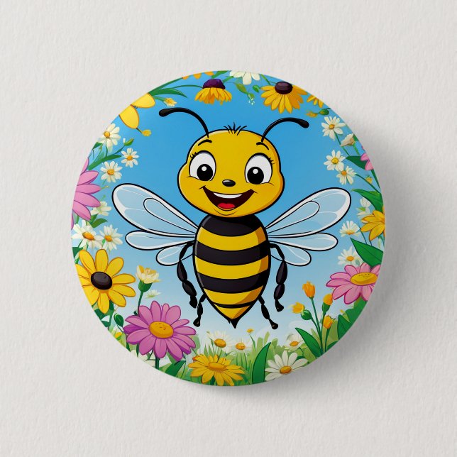Cartoon Bee Colourful Flowers  6 Cm Round Badge (Front)