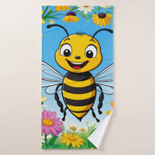 Cartoon Bee Colourful Flowers Bath Towel