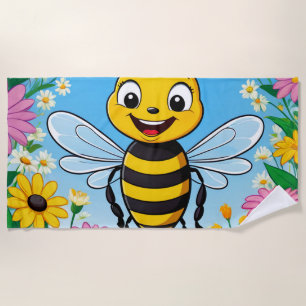 Cartoon Bee Colourful Flowers Beach Towel