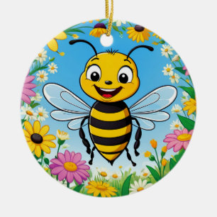 Cartoon Bee Colourful Flowers  Ceramic Ornament