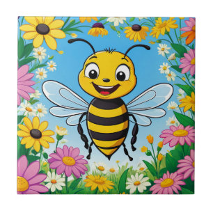 Cartoon Bee Colourful Flowers Ceramic Tile