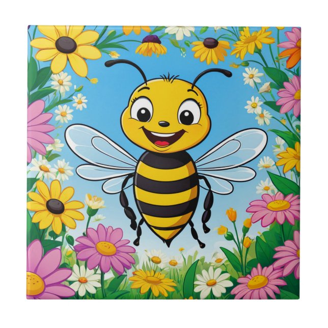 Cartoon Bee Colourful Flowers  Ceramic Tile (Front)