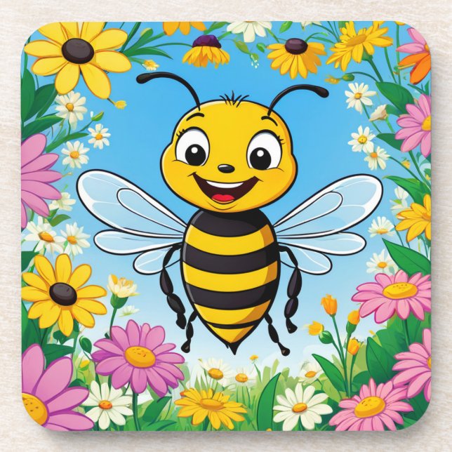 Cartoon Bee Colourful Flowers  Coaster (Front)