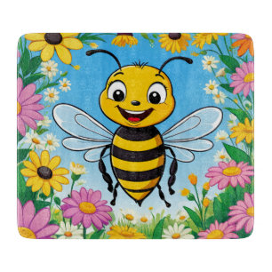 Cartoon Bee Colourful Flowers Cutting Board