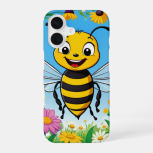 Cartoon Bee Colourful Flowers iPhone 16 Case