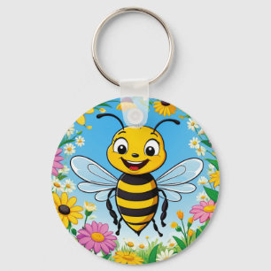 Cartoon Bee Colourful Flowers  Key Ring