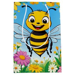 Cartoon Bee Colourful Flowers  Medium Gift Bag