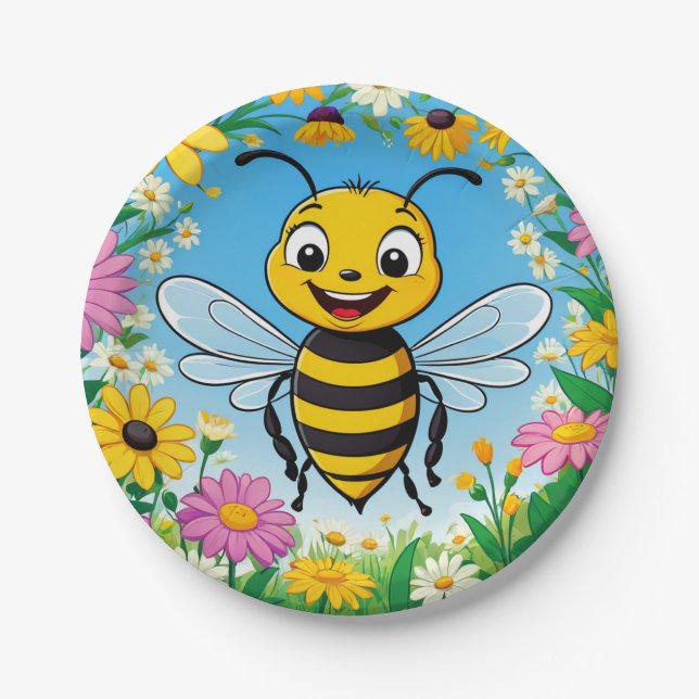 Cartoon Bee Colourful Flowers  Paper Plate (Front)