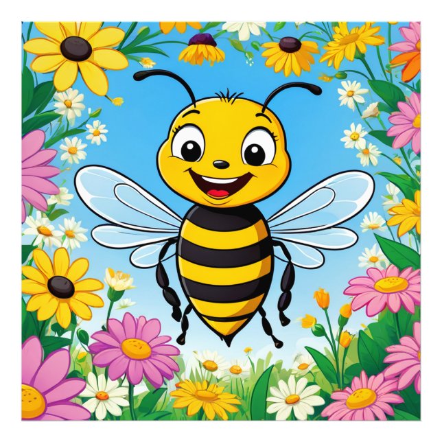 Cartoon Bee Colourful Flowers  Photo Print (Front)