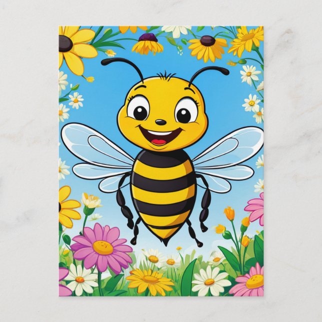 Cartoon Bee Colourful Flowers  Postcard (Front)