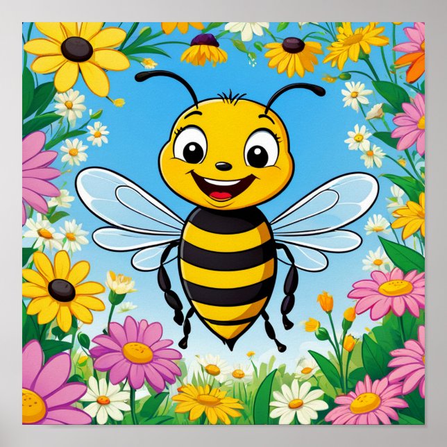 Cartoon Bee Colourful Flowers  Poster (Front)