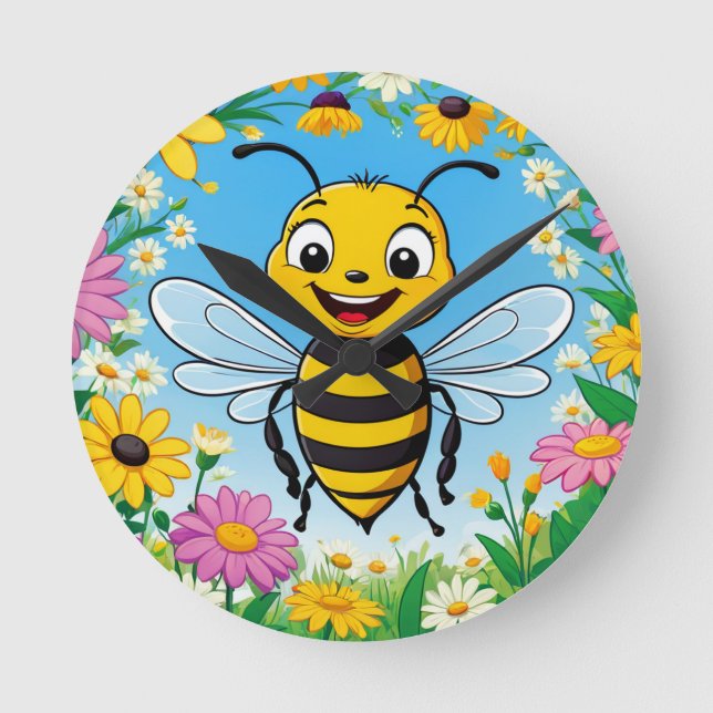 Cartoon Bee Colourful Flowers  Round Clock (Front)