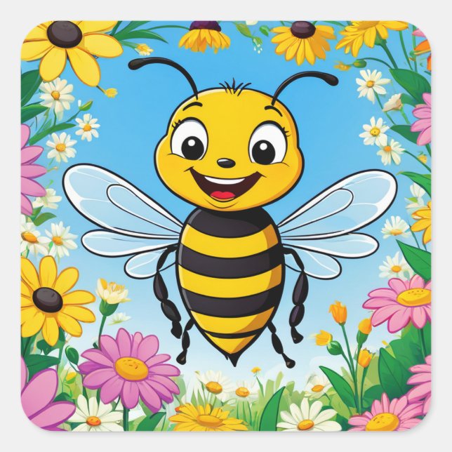 Cartoon Bee Colourful Flowers  Square Sticker (Front)