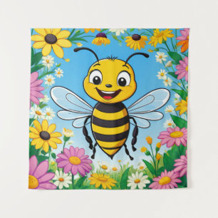 Cartoon Bee Colourful Flowers Tapestry