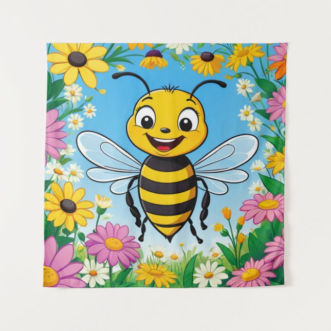 Cartoon Bee Colourful Flowers  Tapestry (Front)