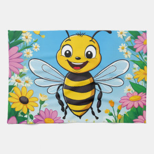 Cartoon Bee Colourful Flowers Tea Towel