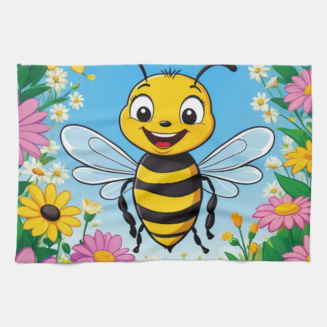 Cartoon Bee Colourful Flowers  Tea Towel (Horizontal)