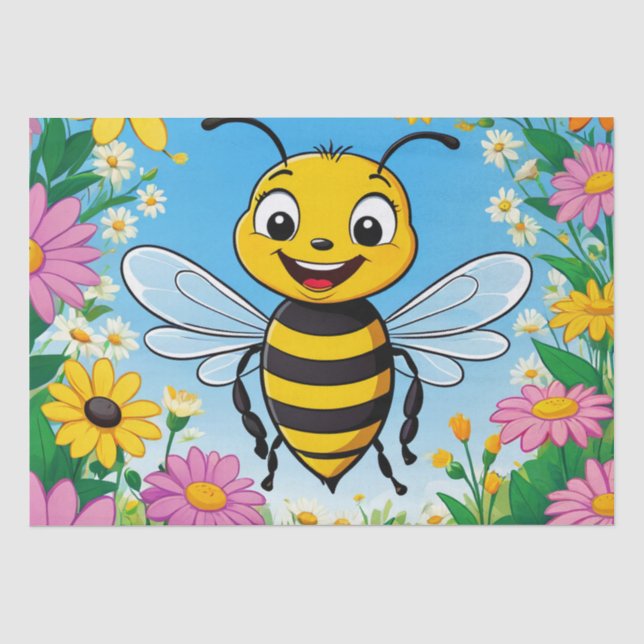 Cartoon Bee Colourful Flowers  Tissue Paper (Front)