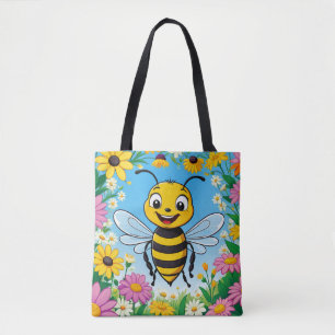 Cartoon Bee Colourful Flowers Tote Bag