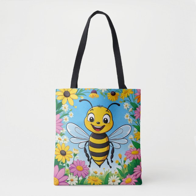 Cartoon Bee Colourful Flowers  Tote Bag (Front)