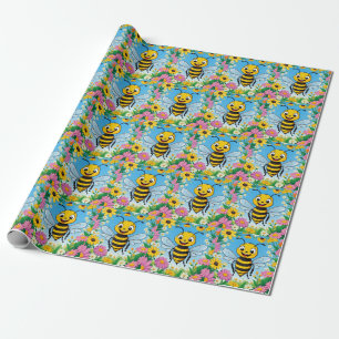 Cartoon Bee Colourful Flowers Wrapping Paper
