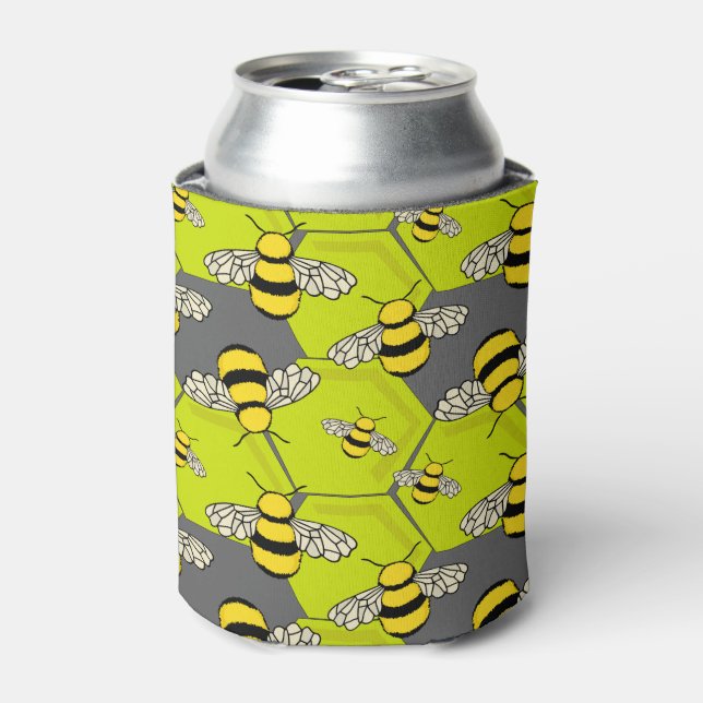 Cartoon Bee Hive Grey Green Can Cooler (Can Front)