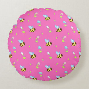 🌸 Cartoon Bees Floral Cute Cosy Home Style 🌸 Round Cushion