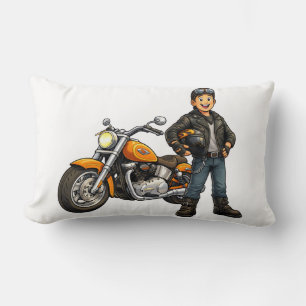 Cartoon Biker with Powerful Motorcycle Rider Art Lumbar Cushion