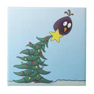 Cartoon Bird Christmas Tree Star Ceramic Tile