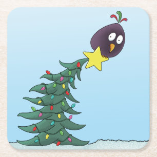 Cartoon Bird Christmas Tree Star Square Paper Coaster