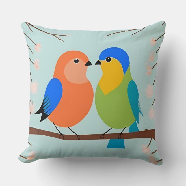 🐦 Cartoon Bird Duo Throw Pillow Nature Accent 🌸✨ (Front)