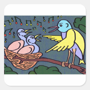 Cartoon birds singing in a tree square sticker