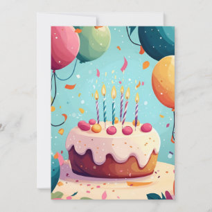 Cartoon Birthday Cake, Candles & Balloons Birthday Invitation